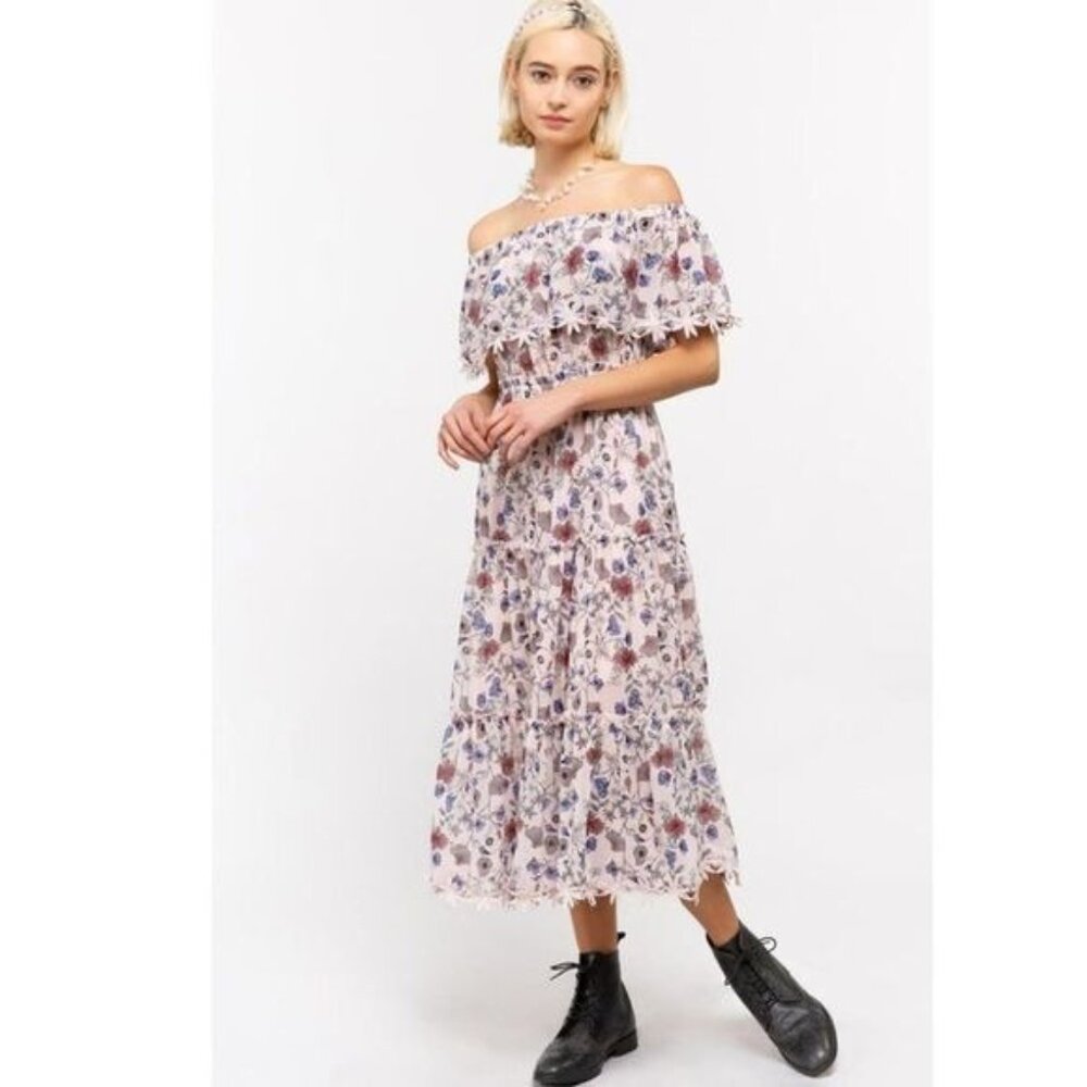 POL Floral Lace Trim Off  Shoulder Chiffon Dress Boho Cottagecore Romantic NWT